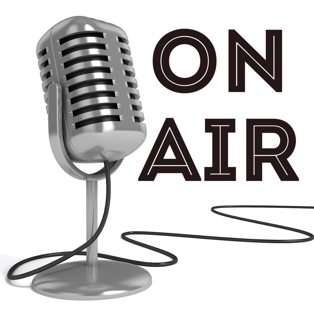 White background shows large red letters that say, “On Air” with an oldtime microphone for a radio broadcast
